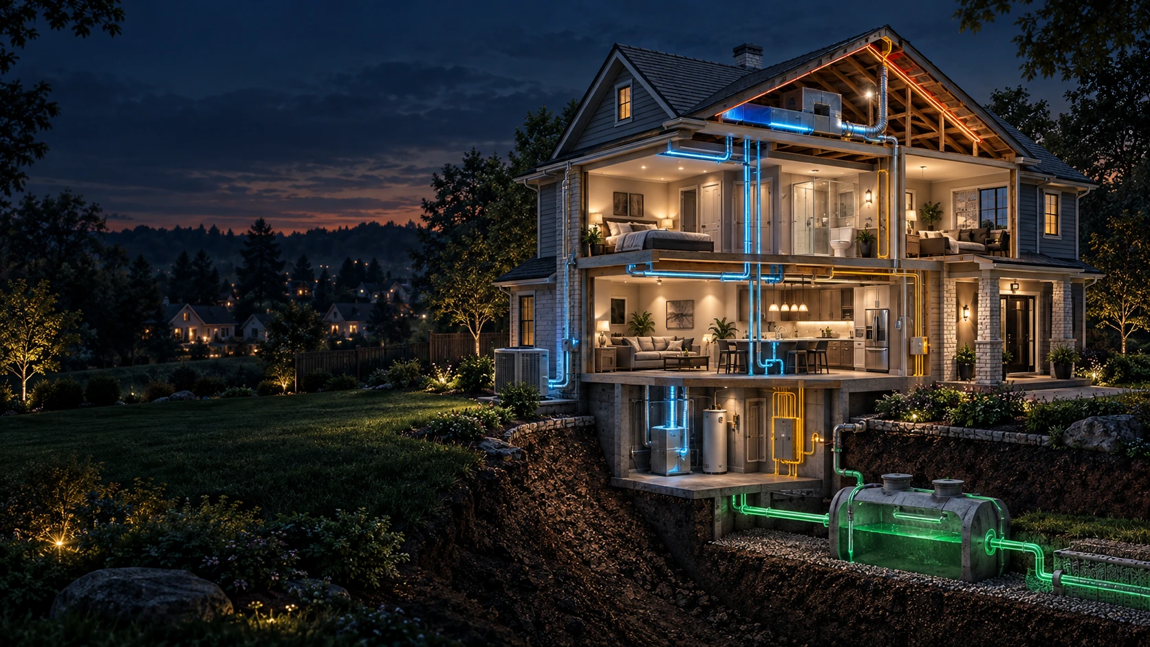 A blue-hour cutaway home showing the heating and cooling, plumbing, electrical, roof and septic systems that keep it running.