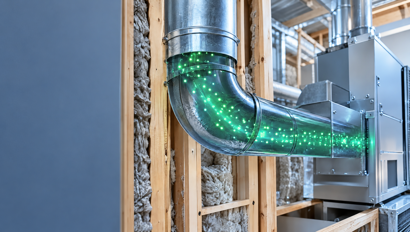 Inside a brightly lit home's wall, silver-blue metal ductwork carries a stream of green light toward the heating and cooling system.