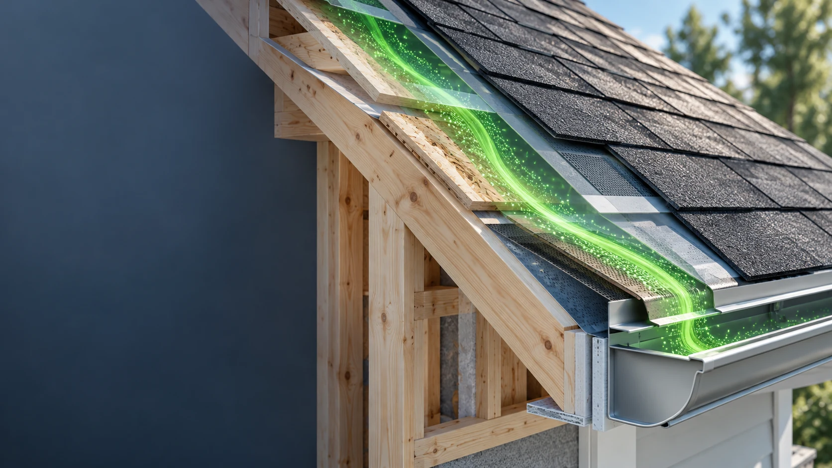 A cutaway roof showing its roofing layers and timber structure connected by a stream of green light.