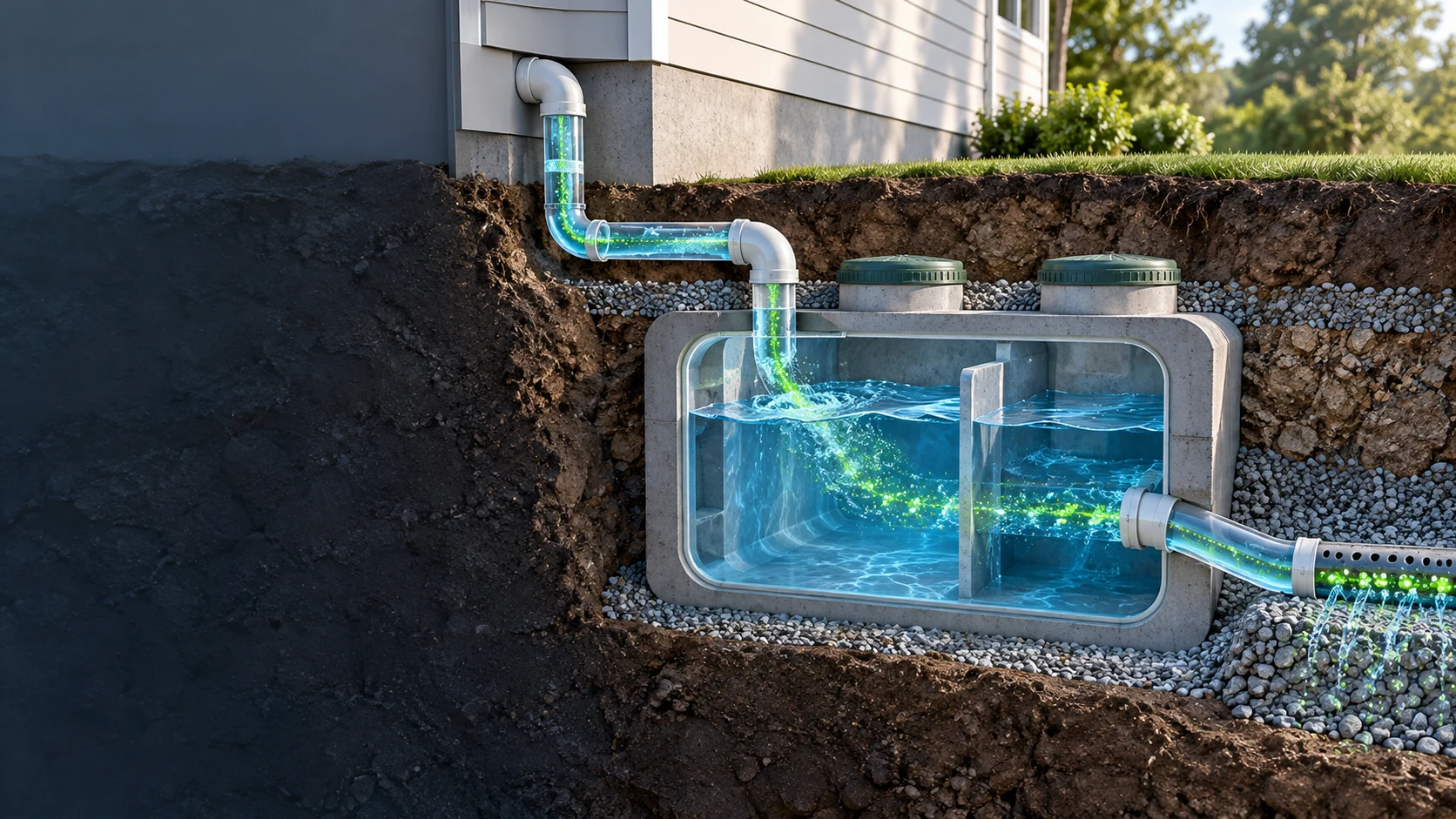 A clean underground septic tank and pipe cutaway beside a home, connected by a stream of green light.